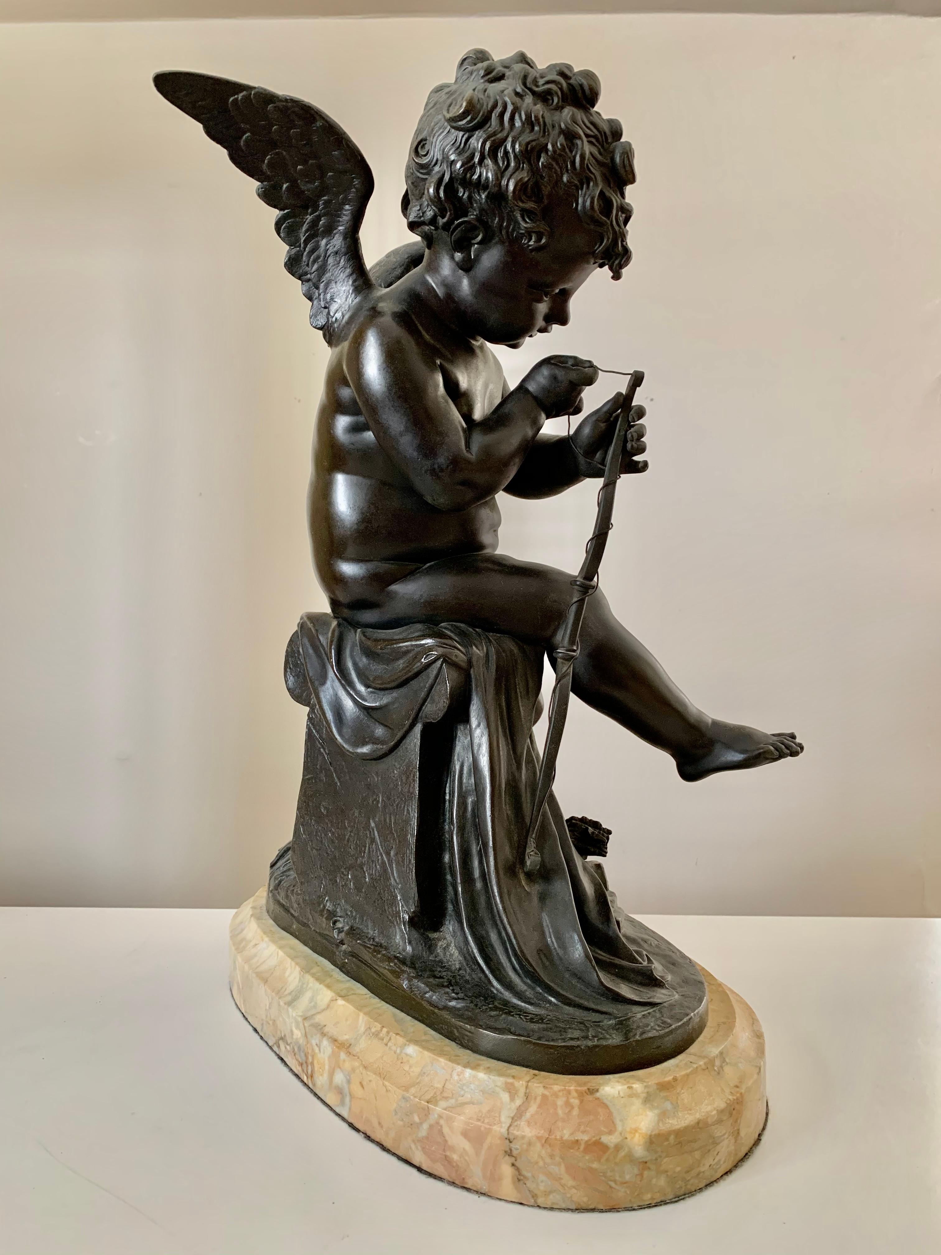 Artist Cupid Stringing His Bow Bronze Signed Lemire, France, 19th Century