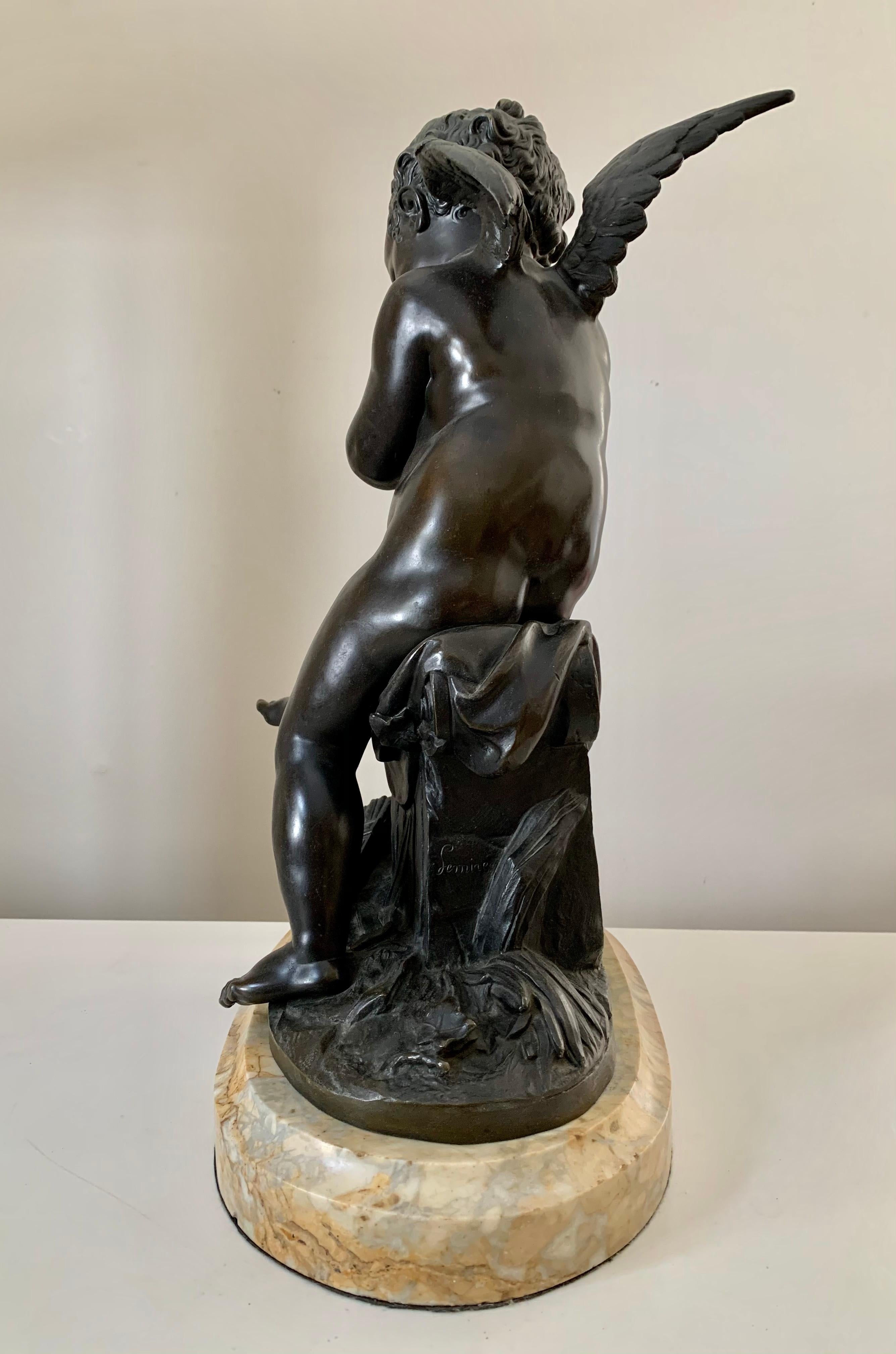 Cupid Stringing His Bow Bronze Signed Lemire, France, 19th Century In Good Condition In New York, NY