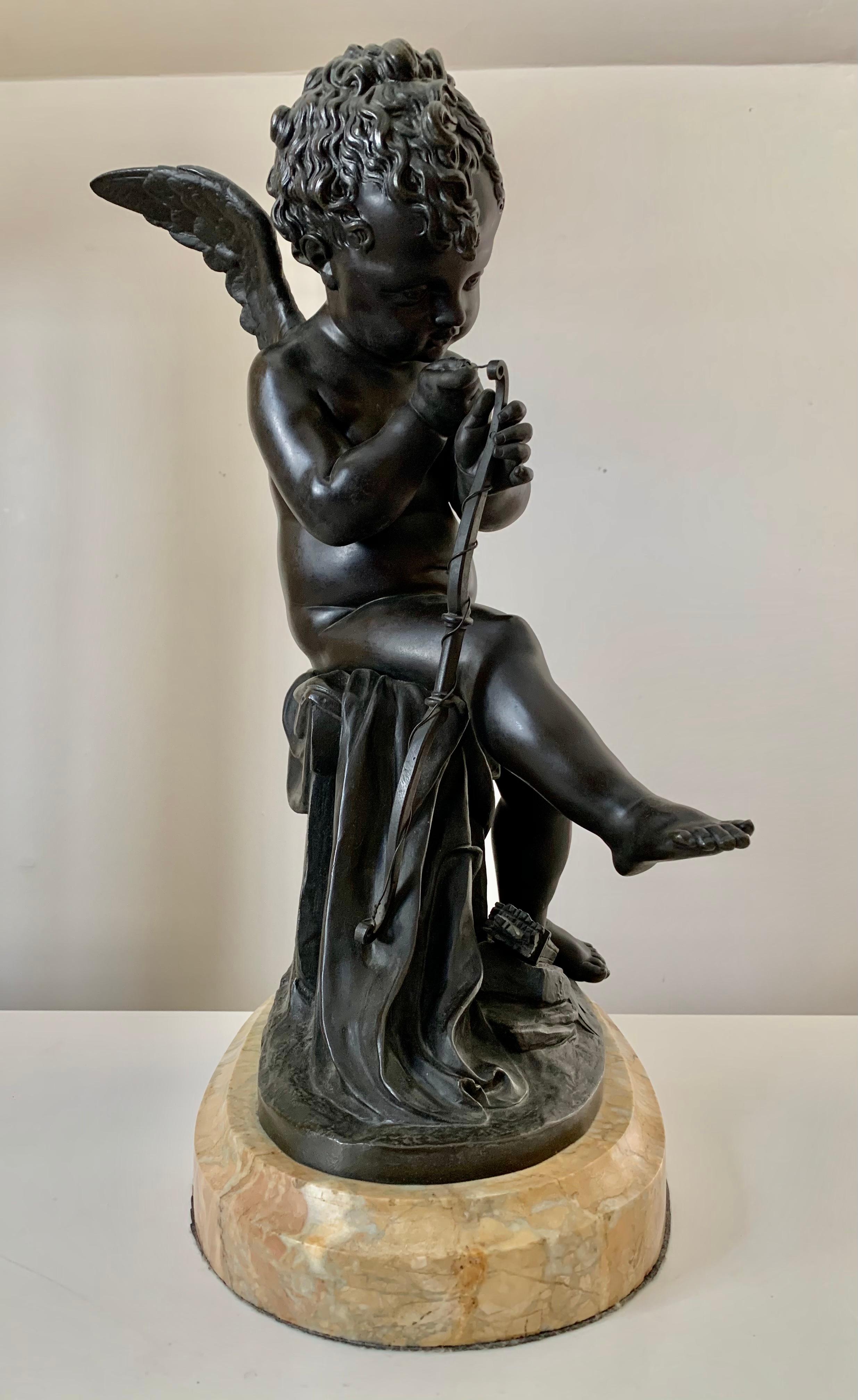 Women's or Men's Cupid Stringing His Bow Bronze Signed Lemire, France, 19th Century