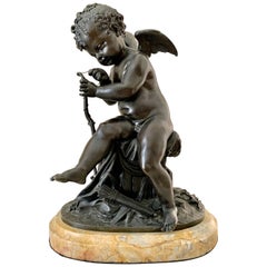 Cupid Stringing His Bow Bronze Signed Lemire, France, 19th Century