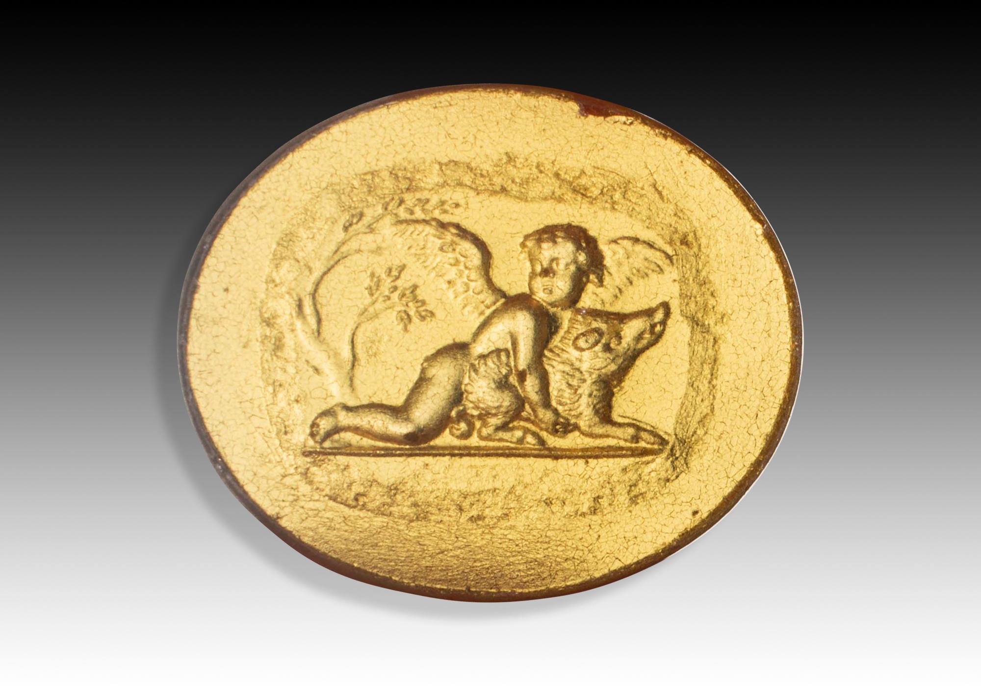 Neoclassical Revival Cupid with boar. Glass. 19th century. For Sale