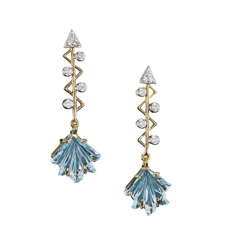 Cupid's Arrow Leaf Carved Blue Topaz Earrings with Diamonds 14 Karat Yellow Gold