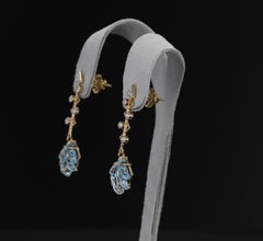 Cupid's Arrow Leaf Carved Blue Topaz Earrings with Diamonds 14 Karat Yellow Gold