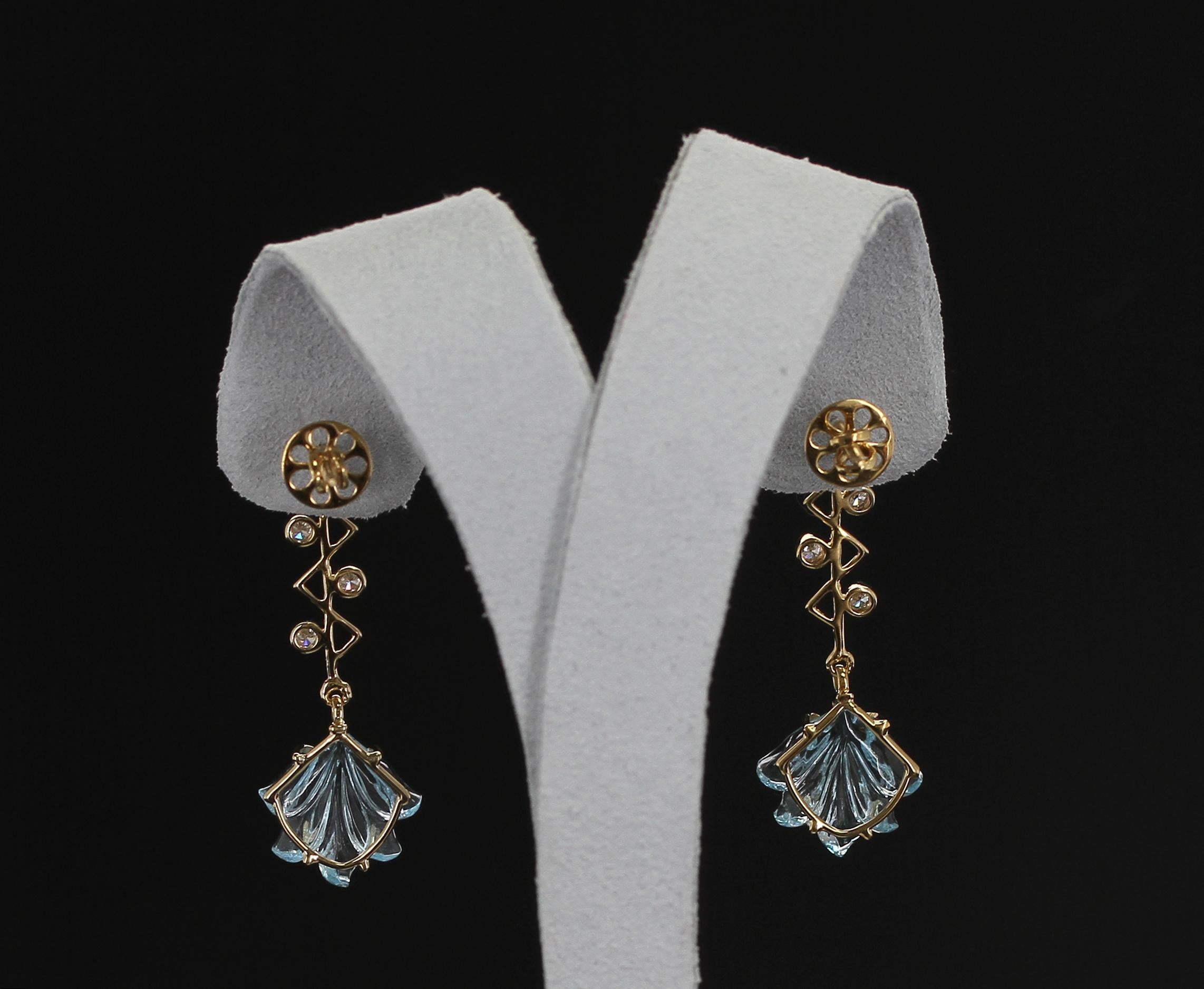 Round Cut Cupid's Arrow Leaf Carved Blue Topaz Earrings with Diamonds 14 Karat Yellow Gold