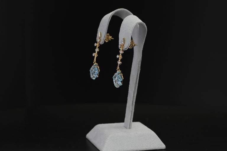 Women's or Men's Cupid's Arrow Leaf Carved Blue Topaz Earrings with Diamonds 14 Karat Yellow Gold