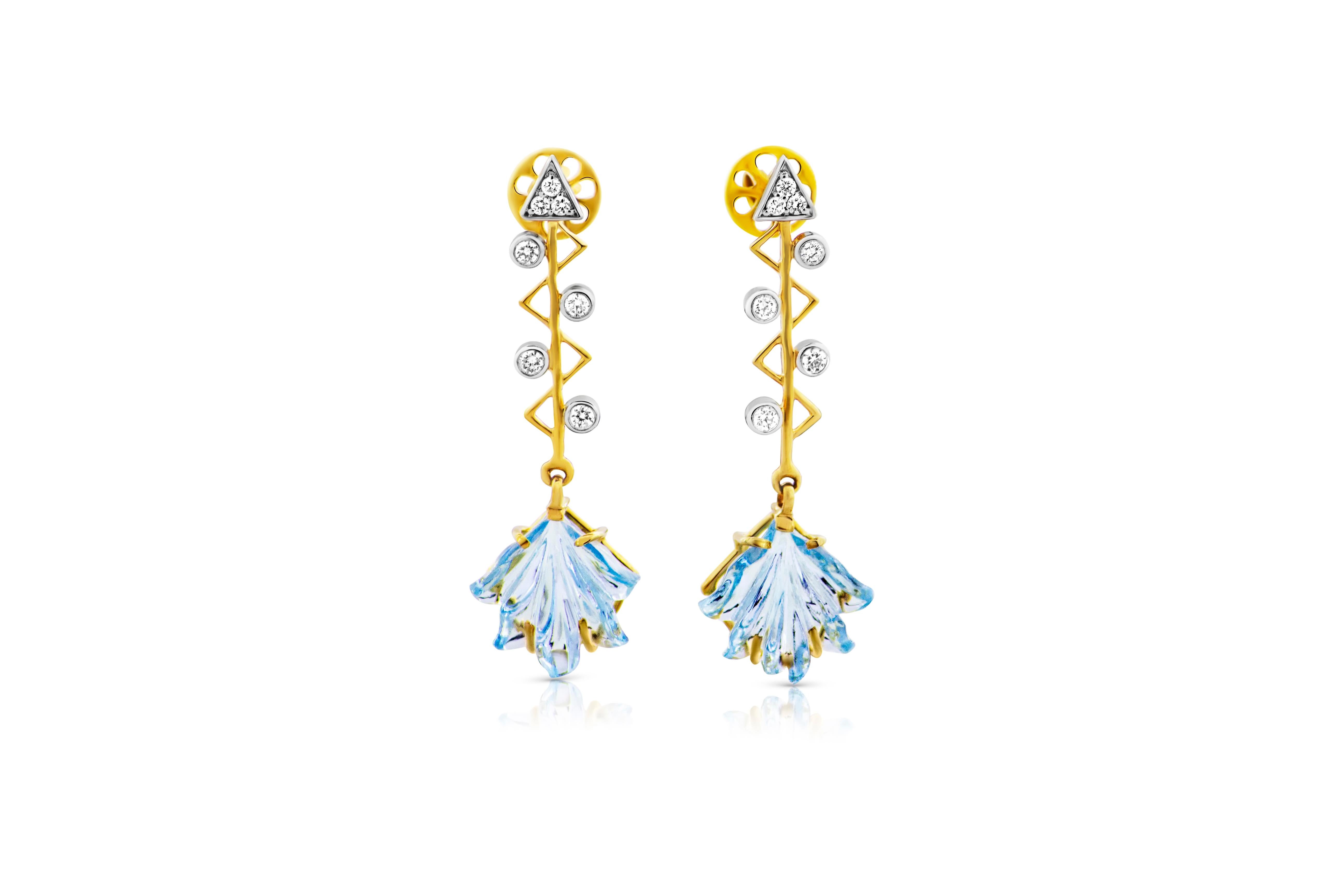 Cupid's Arrow Leaf Carved Blue Topaz Earrings with Diamonds 14 Karat Yellow Gold 1
