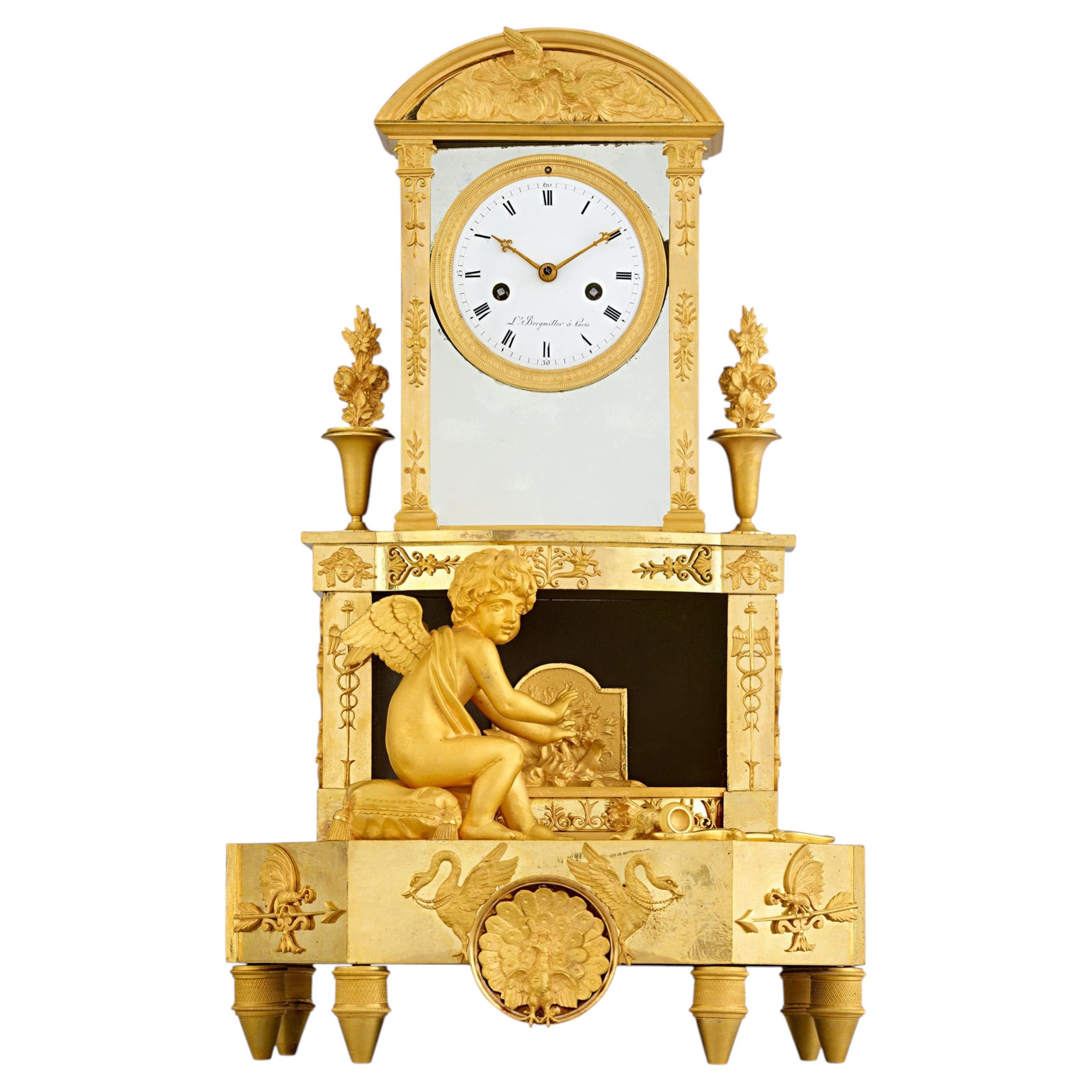 Cupid's Fire French Empire Mantel Clock by Bergmiller For Sale