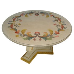 Cupioli Round Botticino Inlaid Marble Top and Wooden Base Handmade in Italy