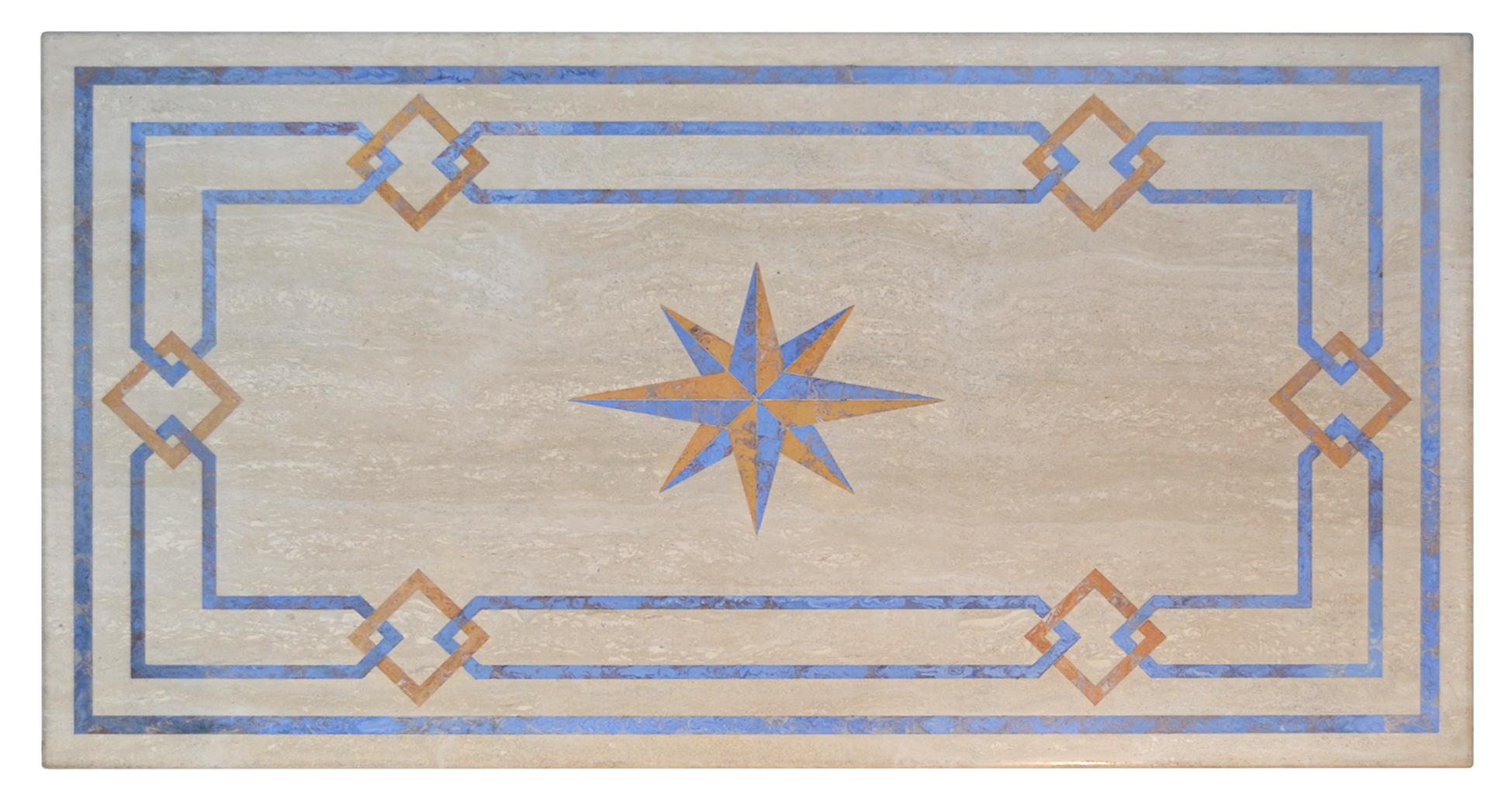 This coffee table has been manufactured with a Roman Travertine Top, decorated by a geometrical intersection of lines and a middle star. The combination of the two colors together with the blue base, makes the table captivating and effective in the