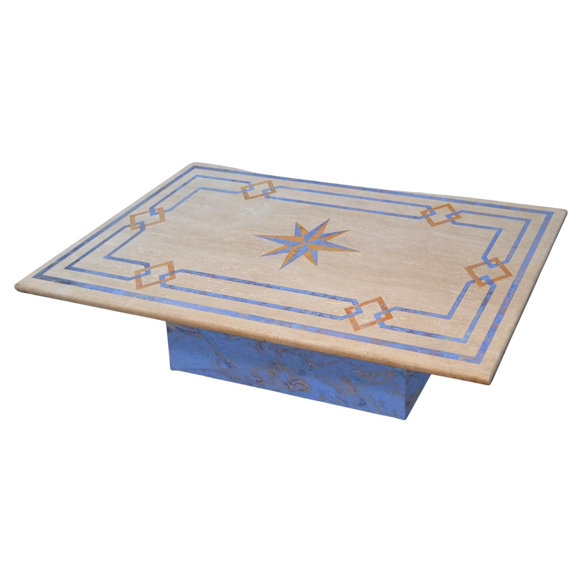Coffee table travertine and blue scagliola decor handmade in Italy by Cupioli For Sale