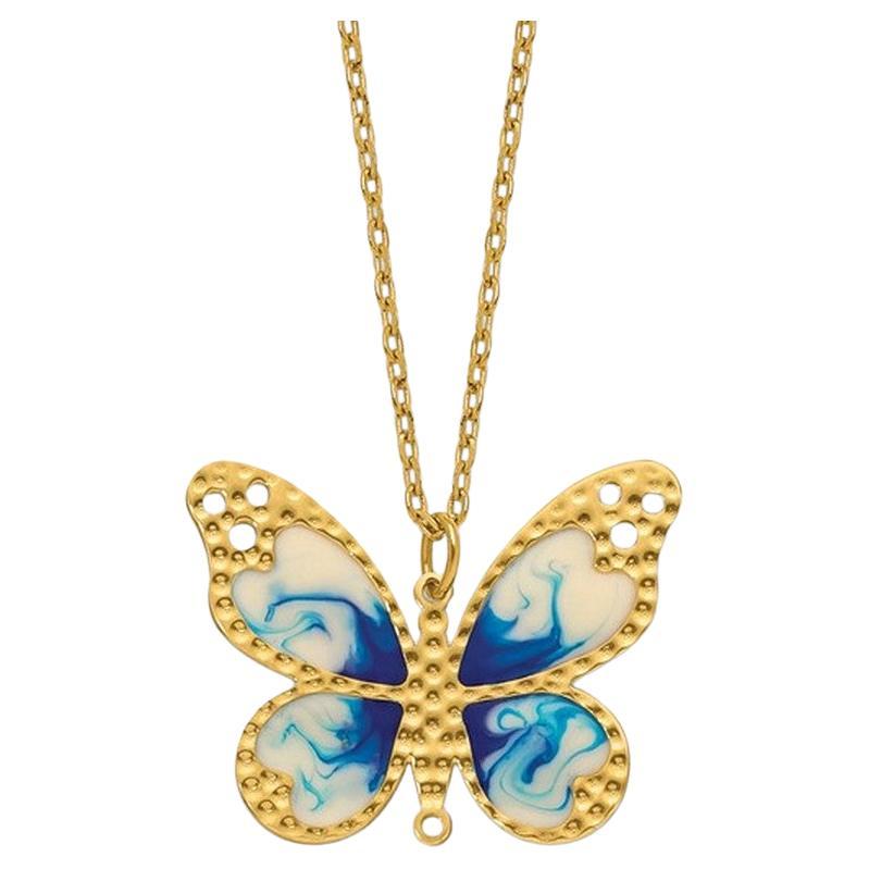 Curata 14k Yellow Gold 18" Italian Blue Enamel Textured Butterfly Necklace For Sale