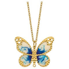 Curata 14k Yellow Gold 18" Italian Blue Enamel Textured Butterfly Necklace