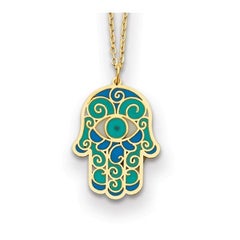 Curata 14k Yellow Gold 18" Italian Blue Green Enamel Evil Eye Hamsa Necklace