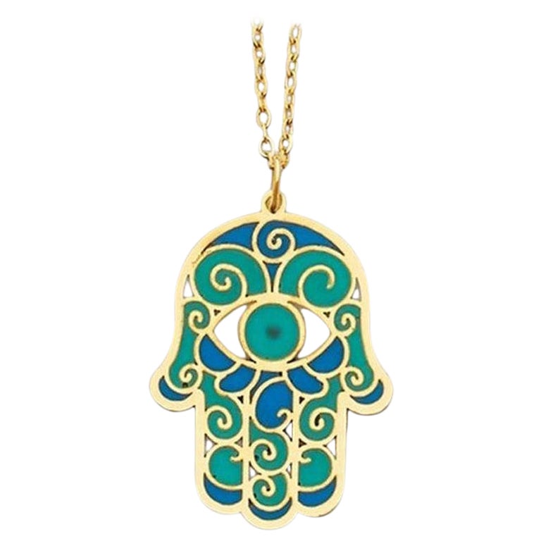 Curata Collar Hamsa de esmalte verde azulado italiano de oro amarillo de 14k y 18 pulgadas