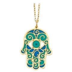 Curata 14k Yellow Gold 18" Italian Blue Green Enamel Evil Eye Hamsa Necklace