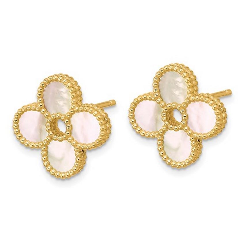 Metal Stamp: 14k
Measurement: 14mm
Closure: Butterfly Pushback
Country of Origin: Italy
Metal Weight: 3.5 grams
Includes certificate of authenticity


The 14k Yellow Gold Beaded Mother of Pearl Clover Stud Earrings are a stunning and elegant jewelry