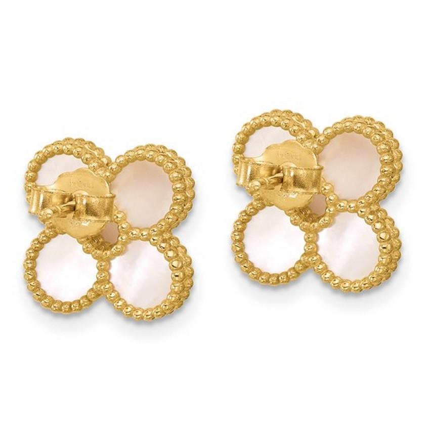 Art Deco Curata 14k Yellow Gold Beaded Mother of Pearl Clover Stud Earrings For Sale
