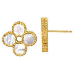 Curata 14k Yellow Gold Beaded Mother of Pearl Clover Stud Earrings
