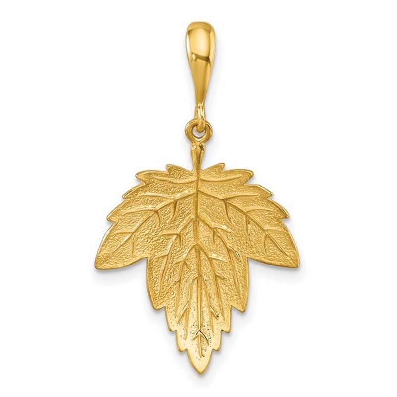 Metal Stamp: 14k
Measurement: 19mm wide x 25mm long
Country of Origin: Italy
Chain: Not included
Weight: 1.8 grams
Certificate of Authenticity Included

This 14k Yellow Gold Italian Textured Large Maple Leaf Pendant is a unique and eye-catching