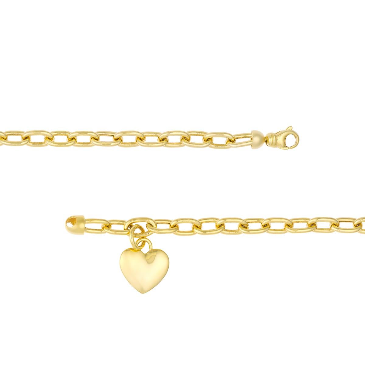 Modern Curata 14k Yellow Gold Puffed Heart Tag Rolo Charm Bracelet For Sale