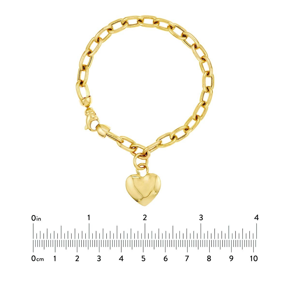 Curata 14k Yellow Gold Puffed Heart Tag Rolo Charm Bracelet In New Condition For Sale In Great Neck, NY