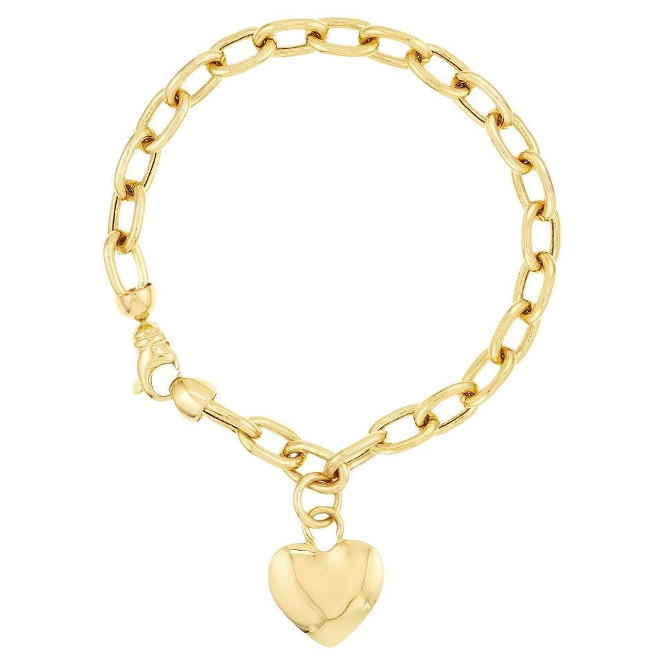 Curata 14k Yellow Gold Puffed Heart Tag Rolo Charm Bracelet For Sale