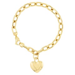 Curata 14k Yellow Gold Puffed Heart Tag Rolo Charm Bracelet