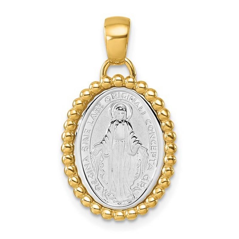 Metal Stamp: 18k
Measurement: 14mm wide x 25.5mm long
Country of Origin: Italy
Chain: Not included
Weight: 2.5 grams
Certificate of Authenticity Included

This 18k Two-tone Gold Italian Beaded Reversible Miraculous Medal Pendant is a combination of