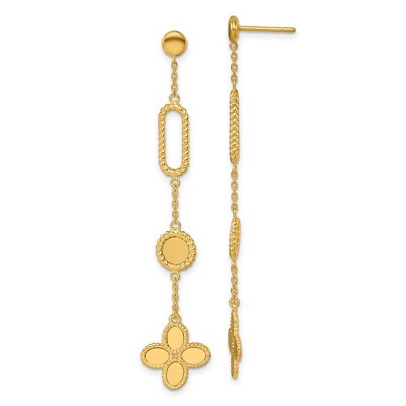 Metal Purity: 14k
Country of Origin: Italy
Metal Weight: 4.1 grams
Measurement: 12mm wide x 65 mm long
Certificate of Authenticity

Italian 14 karat yellow gold textured rope edged long dangle earrings offer a unique and distinctive style with