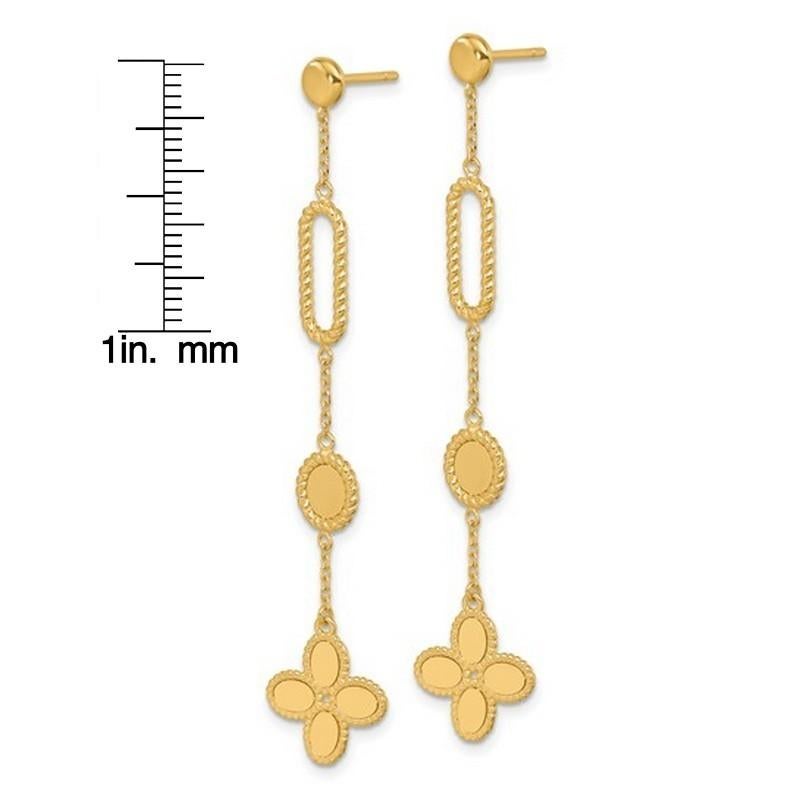 Modern Curata Italian 14K Yellow Gold Paperclip, Circle and Clover Long Drop Earrings For Sale