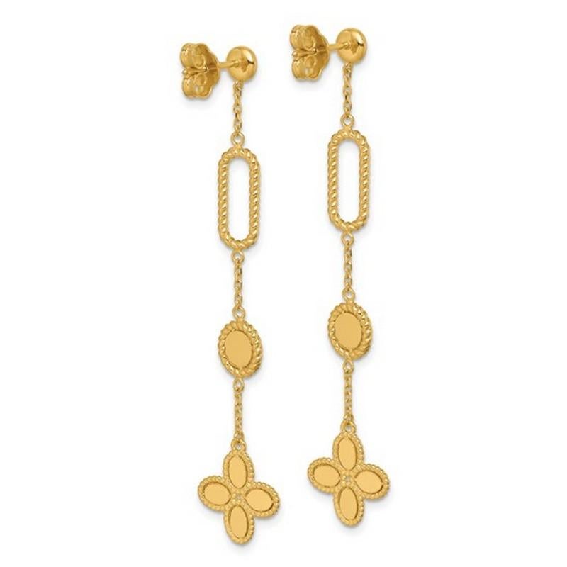 Curata Italian 14K Yellow Gold Paperclip, Circle and Clover Long Drop Earrings In New Condition For Sale In Great Neck, NY