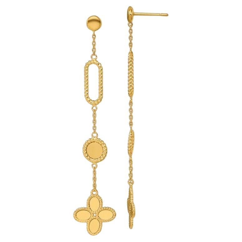 Curata Italian 14K Yellow Gold Paperclip, Circle and Clover Long Drop Earrings