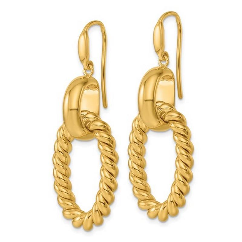 Metal Purity: 14k
Country of Origin: Italy
Metal Weight: 10.5 grams
Measurement: 20mm wide x 52mm long
Certificate of Authenticity

Italian 14 karat yellow gold ribbed open oval long dangle earrings offer a unique and distinctive style with several