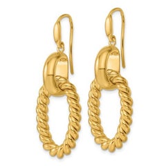 Curata Italian 14K Yellow Gold Ribbed Open Oval Dangle Hook Earrings