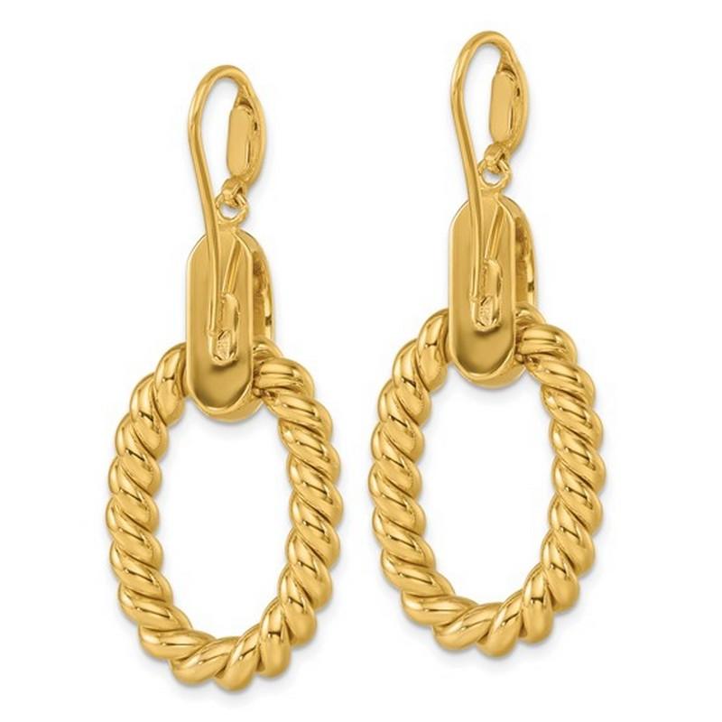 Curata Italian 14K Yellow Gold Ribbed Open Oval Dangle Hook Earrings In New Condition For Sale In Great Neck, NY