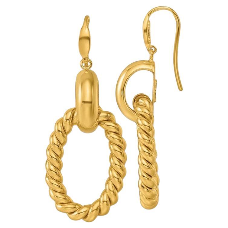 Curata Italian 14K Yellow Gold Ribbed Open Oval Dangle Hook Earrings For Sale