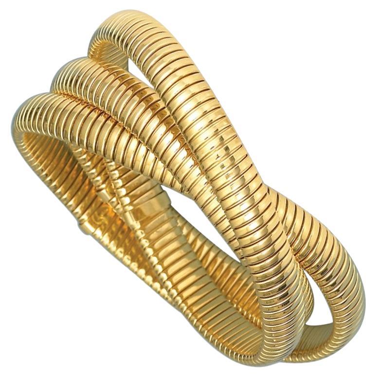 Curata Italian Italian 18k Yellow Gold Tubogas 3-Strand Rolling Slip-on Bangle Bracelet