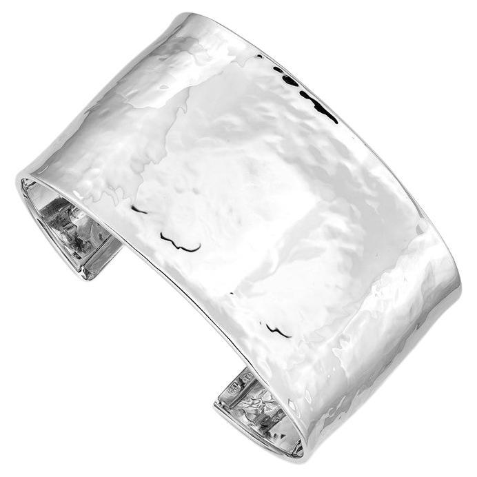 Curata Italian Solid 14k White Gold Hammered Cuff Bangle Bracelet For Sale