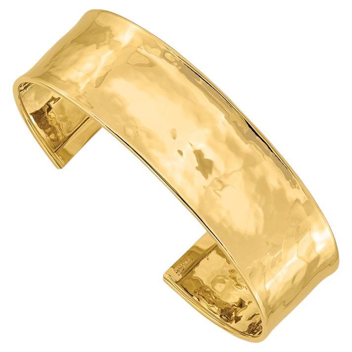 Curata Italian Solid 14k Yellow Gold Hammered Cuff Bangle Bracelet For Sale