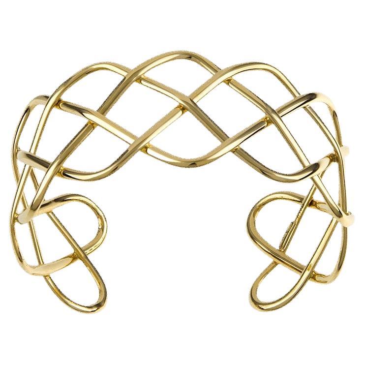 Curata Italian Solid 14k Yellow Gold Wide Woven Adjustable Cuff Bangle Bracelet For Sale