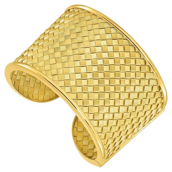 Curata Italian Solid 18k Yellow Gold Wide Basket Weave Cuff Bangle Bracelet
