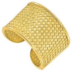 Curata Italian Solid 18k Yellow Gold Wide Basket Weave Cuff Bangle Bracelet