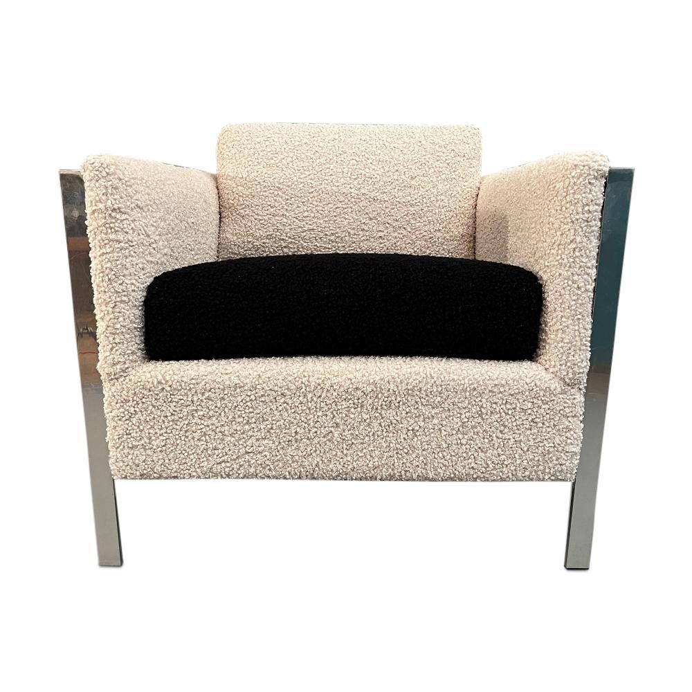 Curated mid century large heavy chrome lounge chair with new Cream & Black boucle 1960’s Circa

Measures: W 33” x D 32 x H 30 inches 
Arms height: 25 inches 
Seat height: 19 inches.