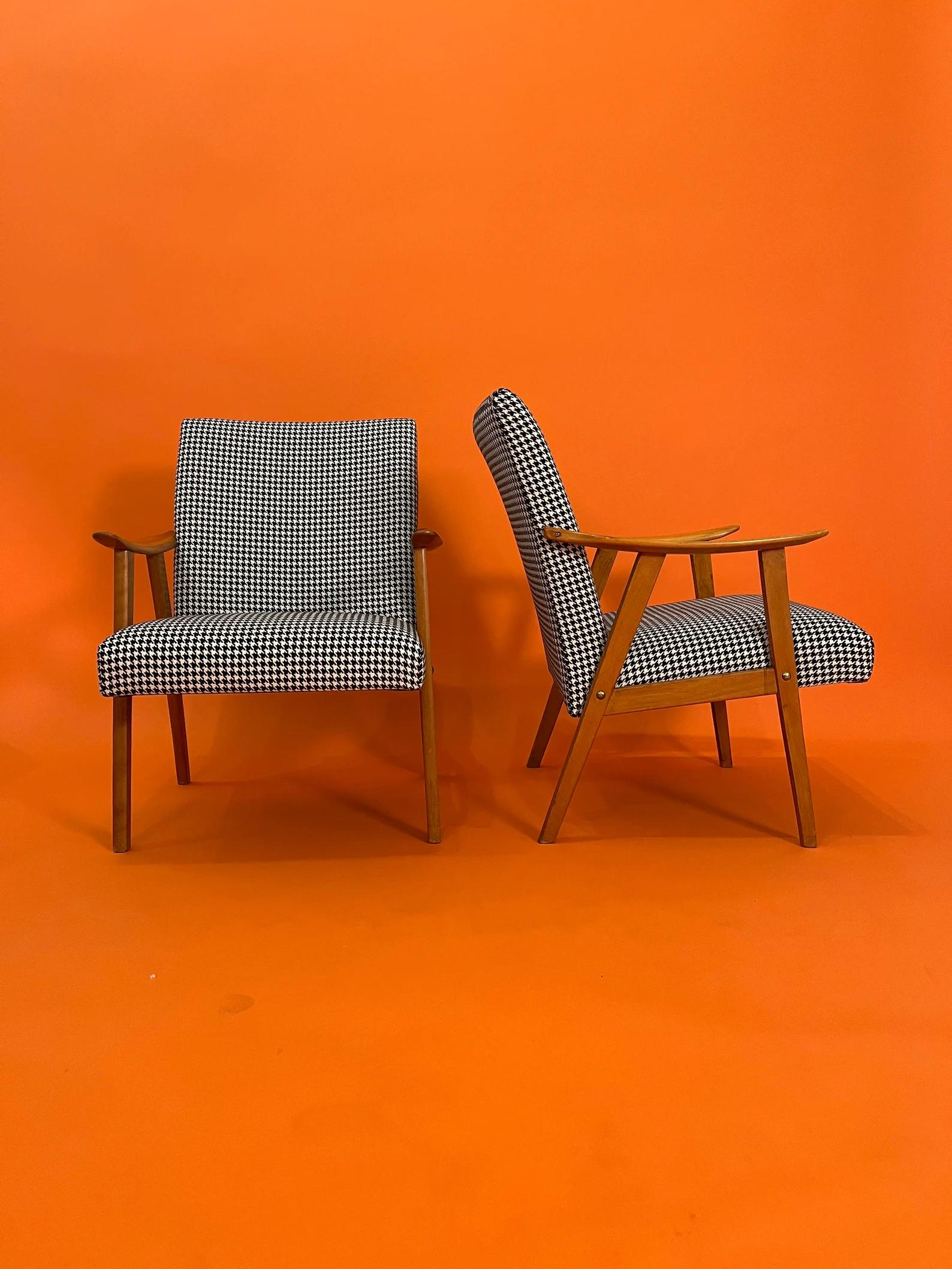 Curated, mid century, Swedish pair of Office / dining / lounge chairs with new houndstooth Upholstery 1960s Circa
Dimensions: 
Arm to Arm: 25 inches 
Interior deep: 19 inches 
Exterior Deep: 25 inches 
Arms height: 22 inches 
Seat height: 16