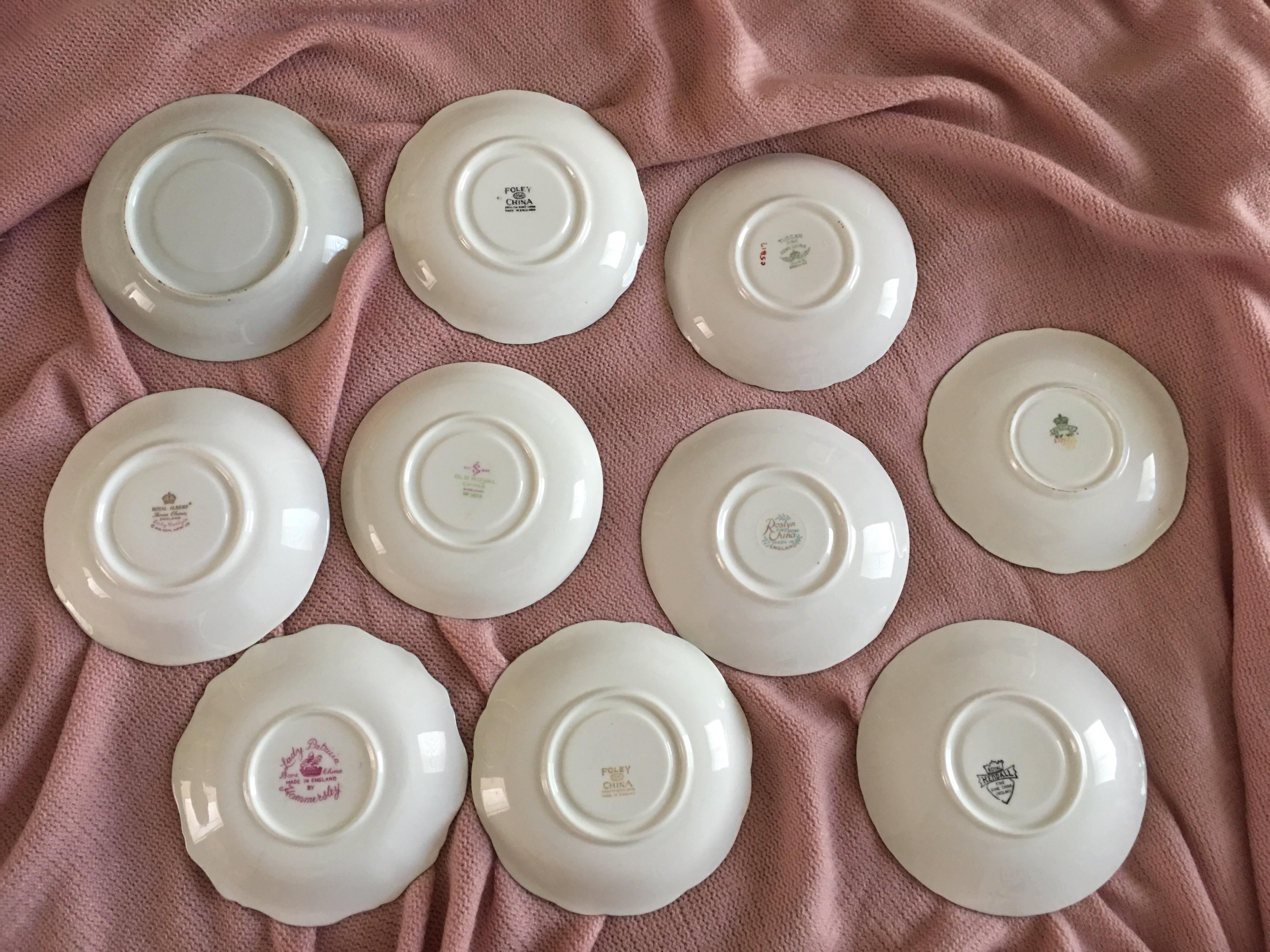 American Classical Curated Set of 10 Vintage Floral English Bone China Tea Cups and Saucers