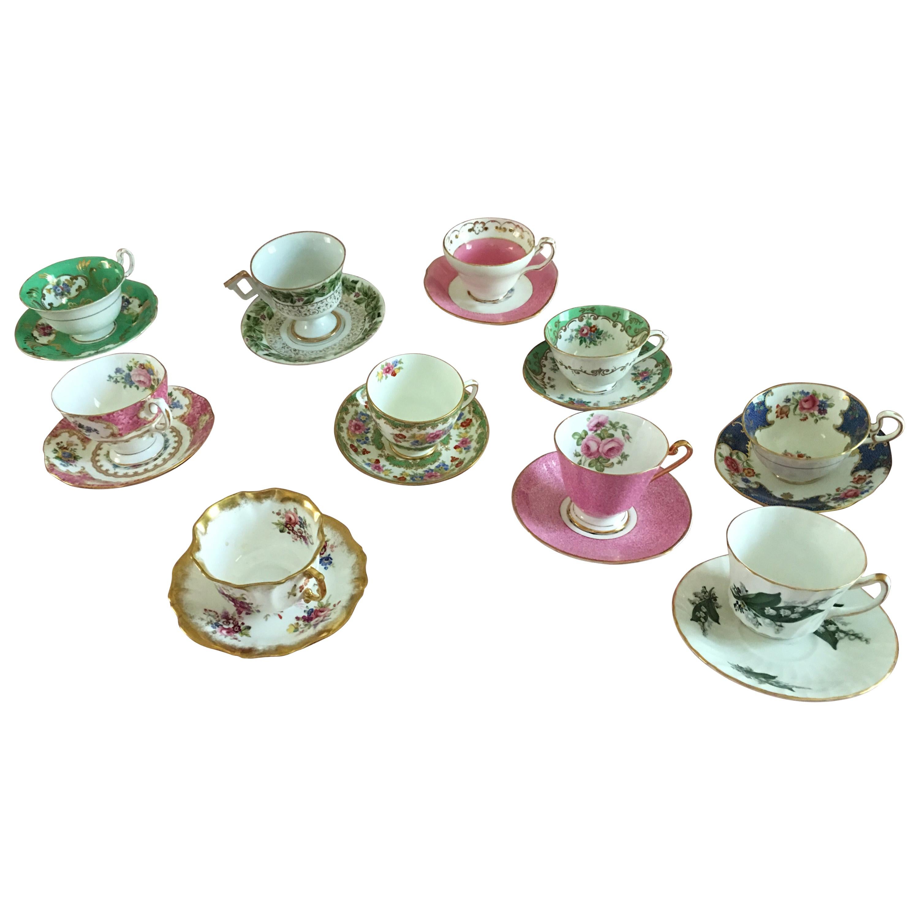 Curated Set of 10 Vintage Floral English Bone China Tea Cups and Saucers