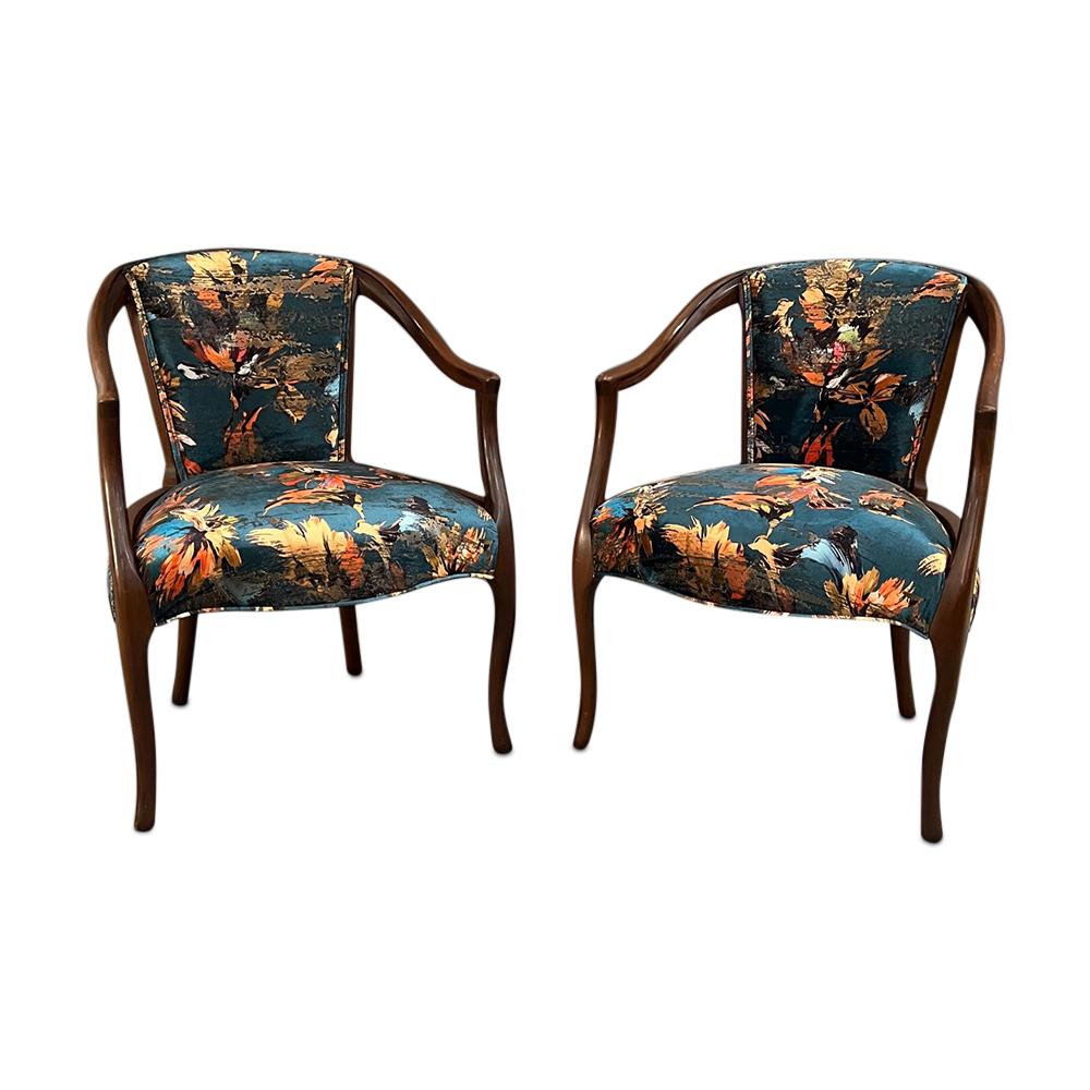 Curated Traditional arm chairs with new silk upholstery (pair).

Measures: W25 x D20 x H33 inches 
Arms height: 26” inches 
Seat height: 19” inches.