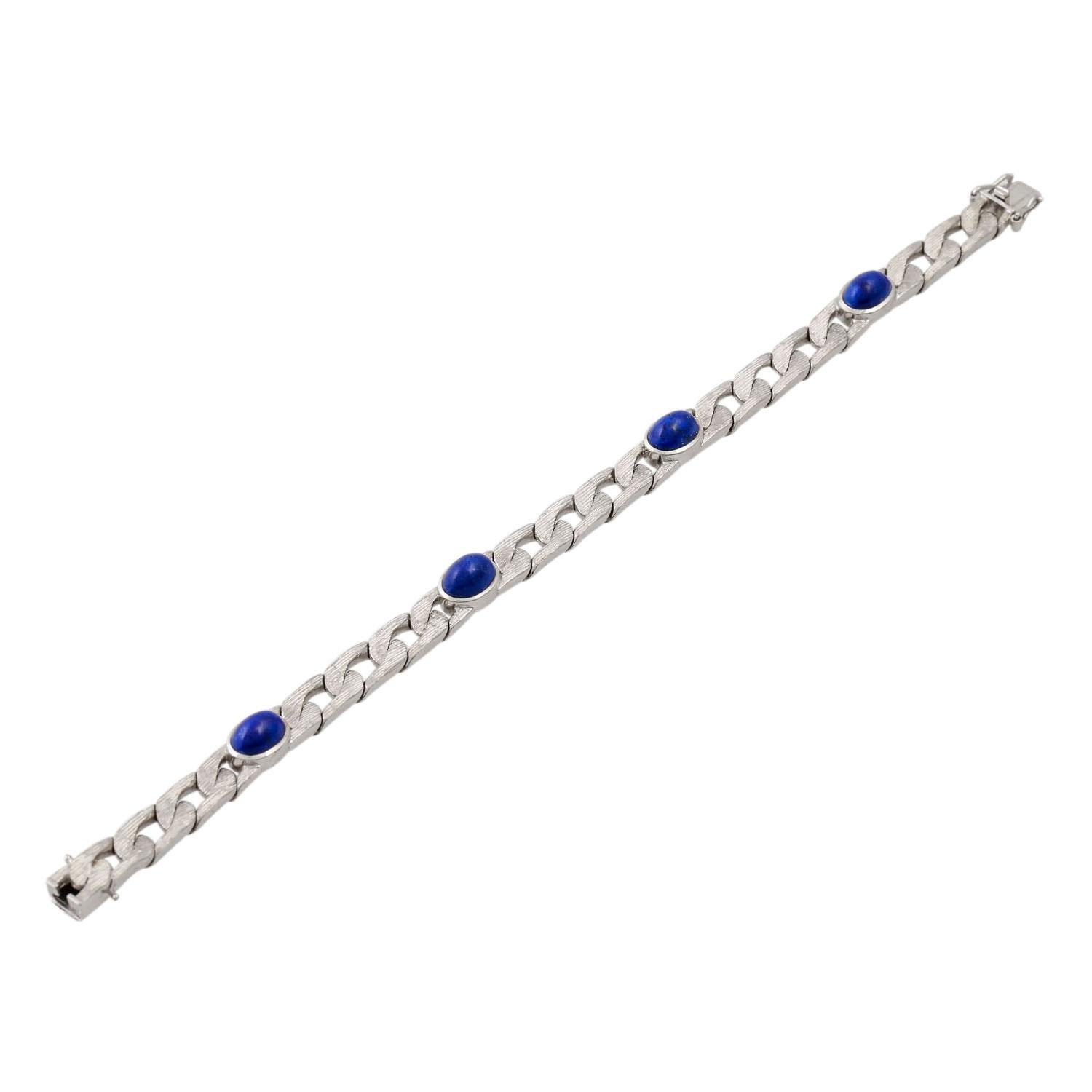 Modern Curb Bracelet with 4 Oval Lapis Lazuli Cabochons For Sale