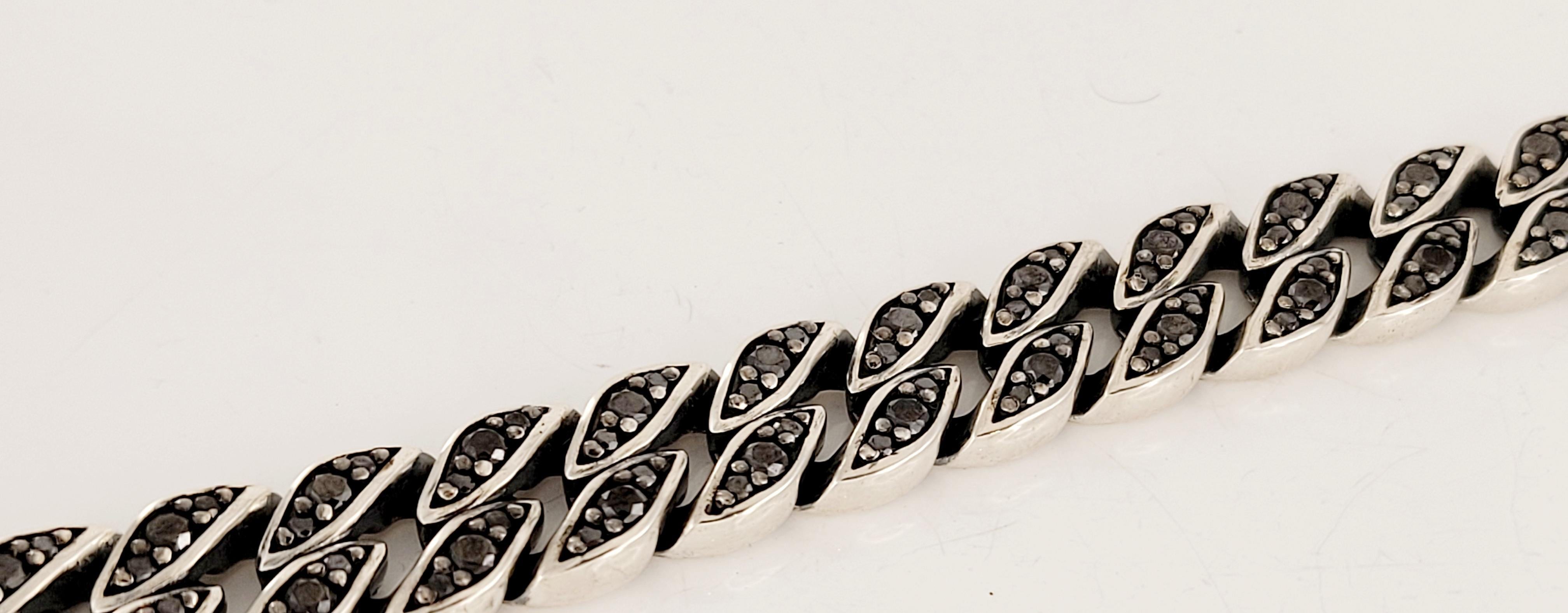 Round Cut Curb Chain Bracelet Sterling Silver with Black Diamonds, 11.5mm For Sale