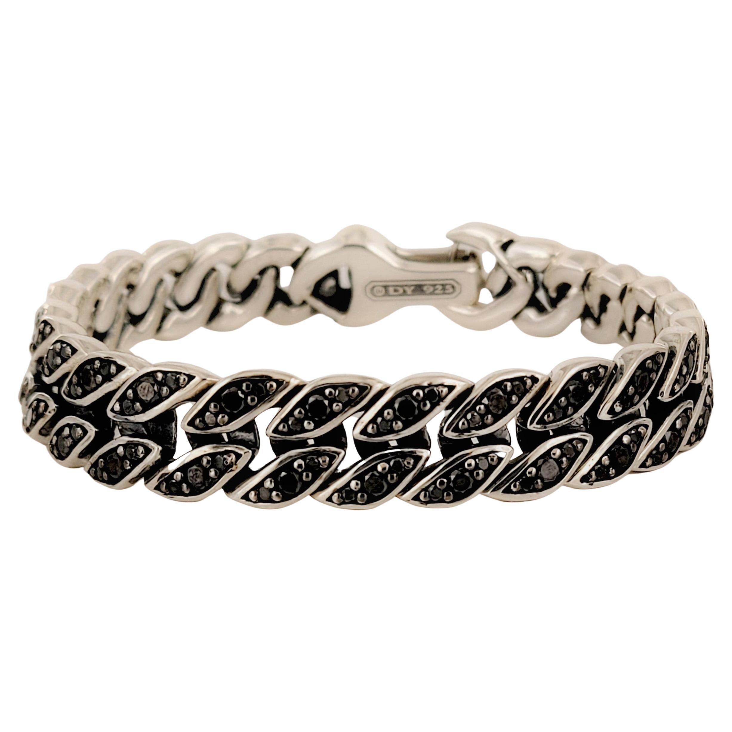 Curb Chain Bracelet Sterling Silver with Black Diamonds, 11.5mm For Sale